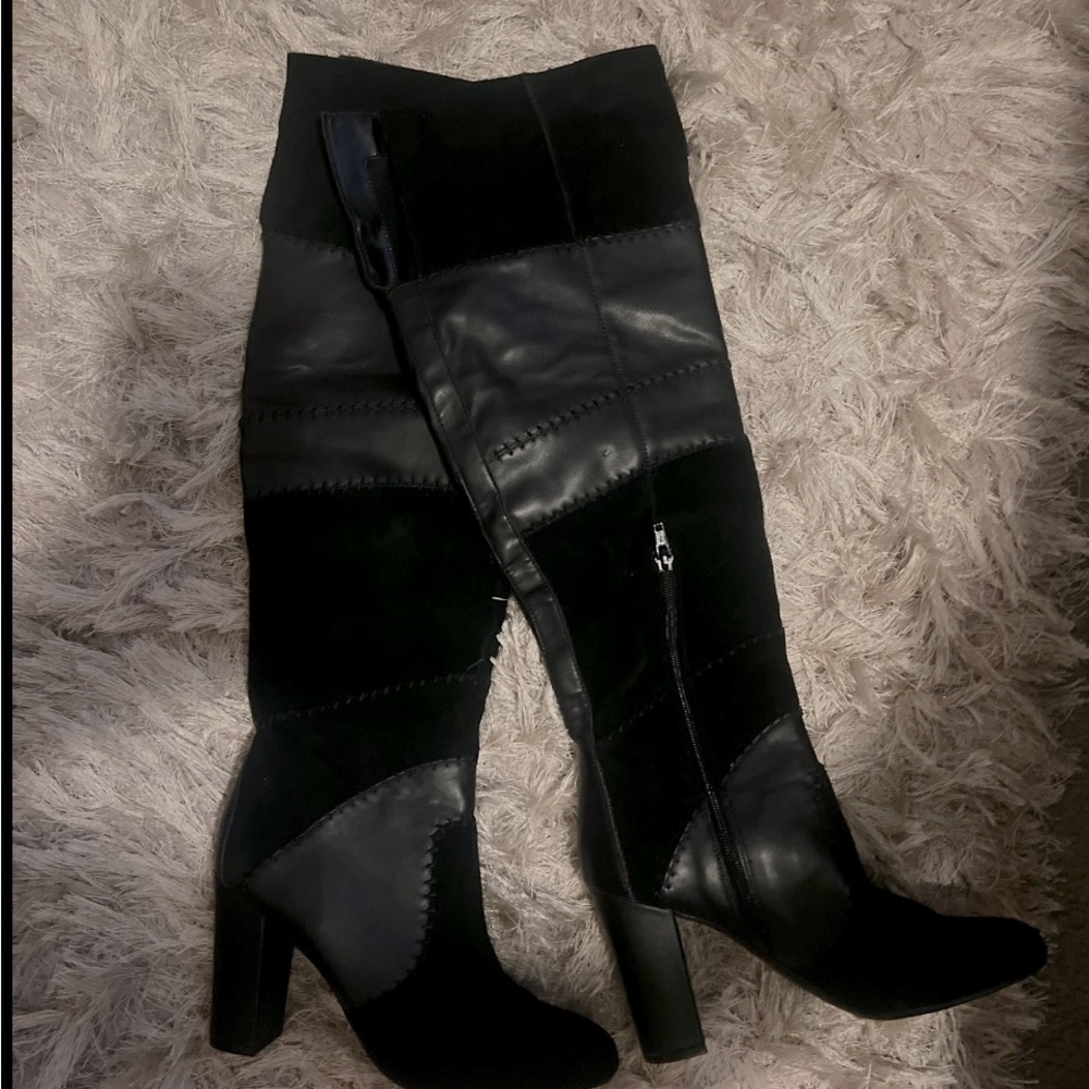 Bar III Naomi Black Patchwork Stitching Black Over the Knee Heeled Boot
